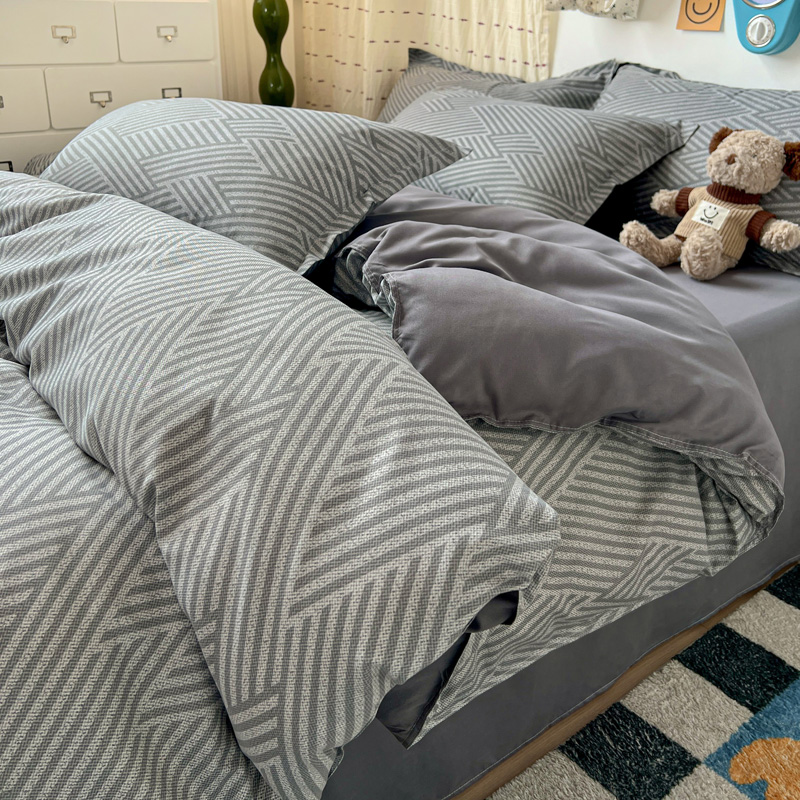 4PC Grey Geometric Bedding Set - Linen Duvet Cover ulasan dan harga