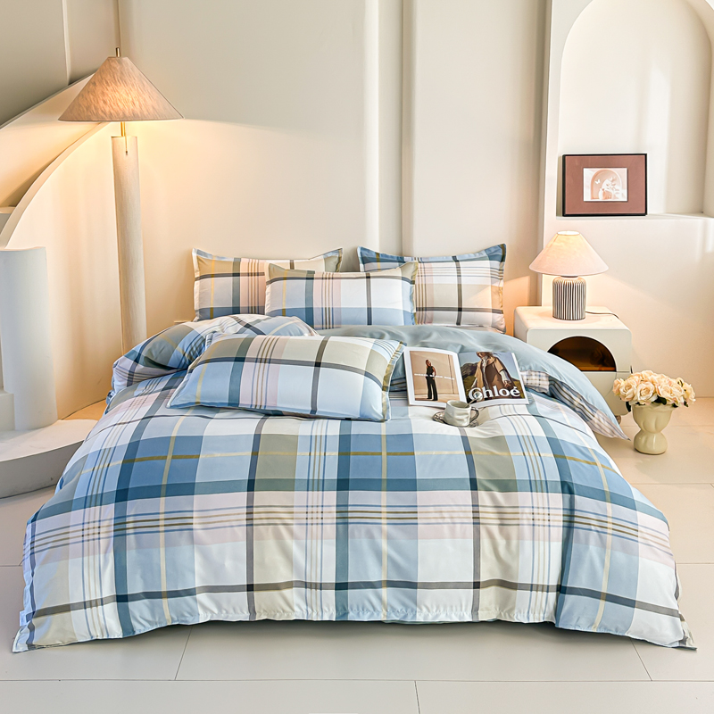 4PCS Blue Plaid Bedding Set Mo - Linen Duvet Cover ulasan dan harga